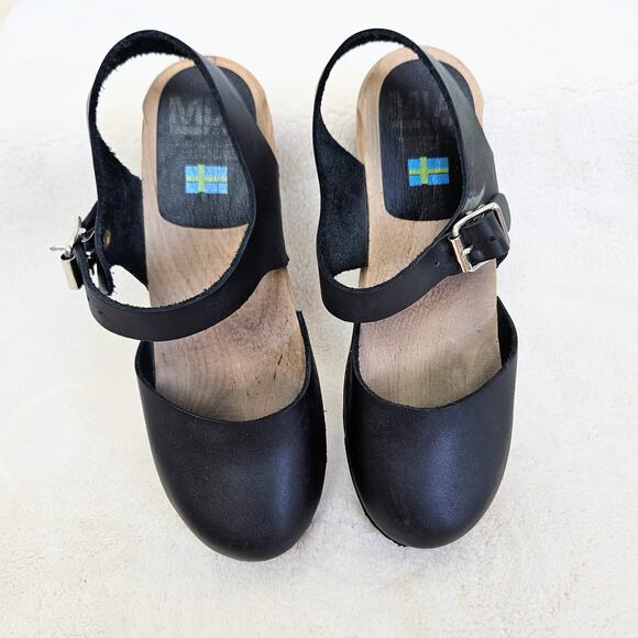 Mia Abba Wood Swedish Clog Platform Sandals Black Leather Size EU 38 US 7.5/8 - Picture 3 of 8